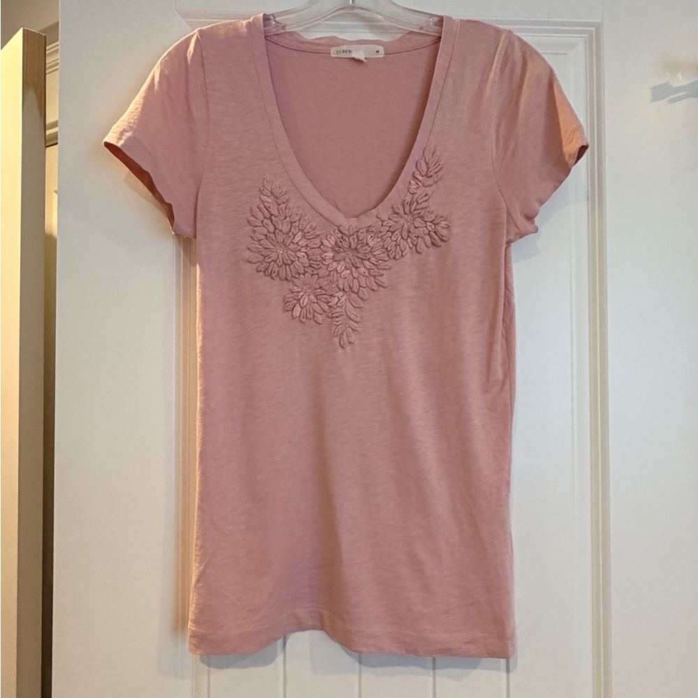 J. Crew Dusty Pink V-Neck Tee with Floral Applique